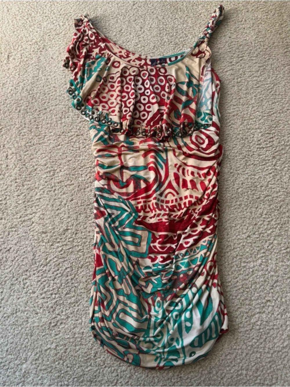 One-Shoulder Printed Dress in Red, Teal & Cream y2k casual midi